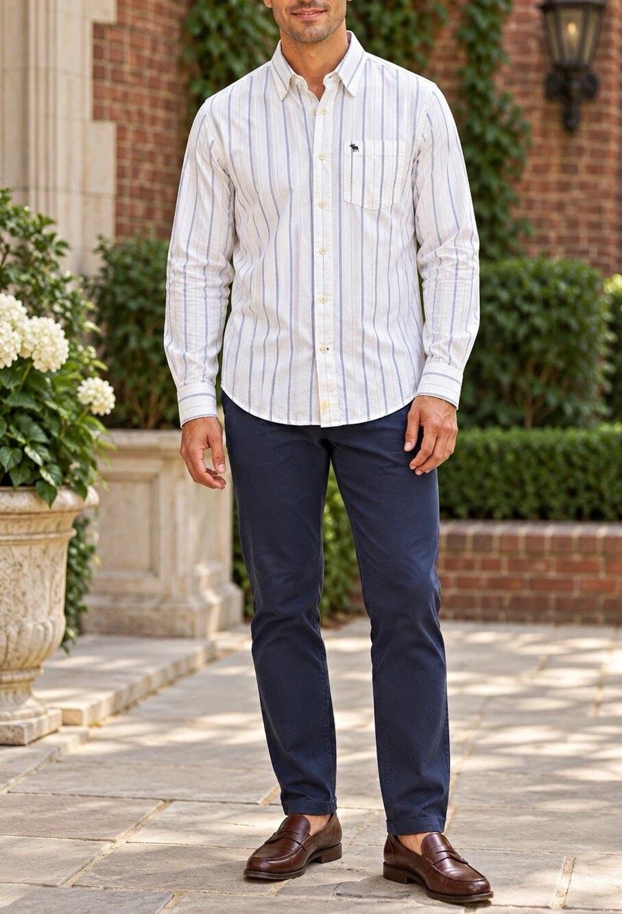 Abercrombie & Fitch Shirt Mens L Muscle Fit White Blue Stripe Cotton Button Up